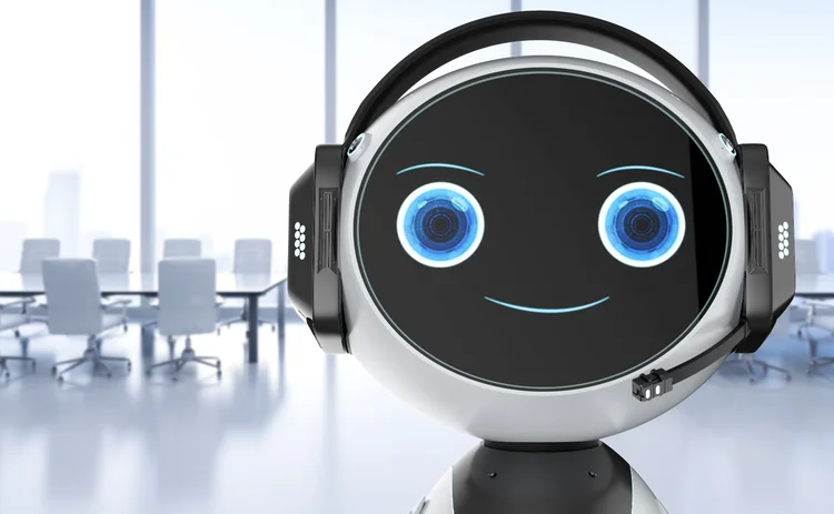 Cute call centre robot in empty office