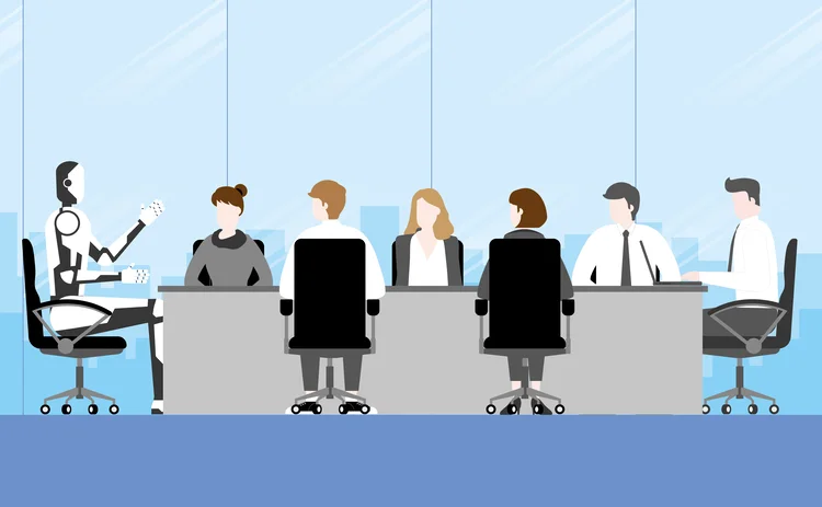 Technology in future business concept. People and artificial intelligence futuristic mechanism robot working together as teamwork during business meeting in office conference room. Flat design style
