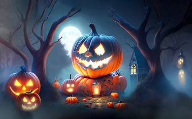 Halloween - four pumpkins and spooky background