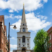 London, UK - 16 May, 2023: exterior architecture of Christ Church Spitalfields, London, UK. Christ Church Spitalfields is an Anglican church built between 1714 and 1729 to a design by Nicholas Hawksmoor.